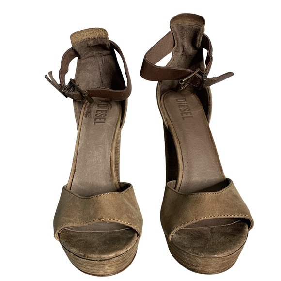 Diesel Brown Leather Distressed Stacked Heel Ankle Strap Open Toe Heeled Sandals - Picture 5 of 11